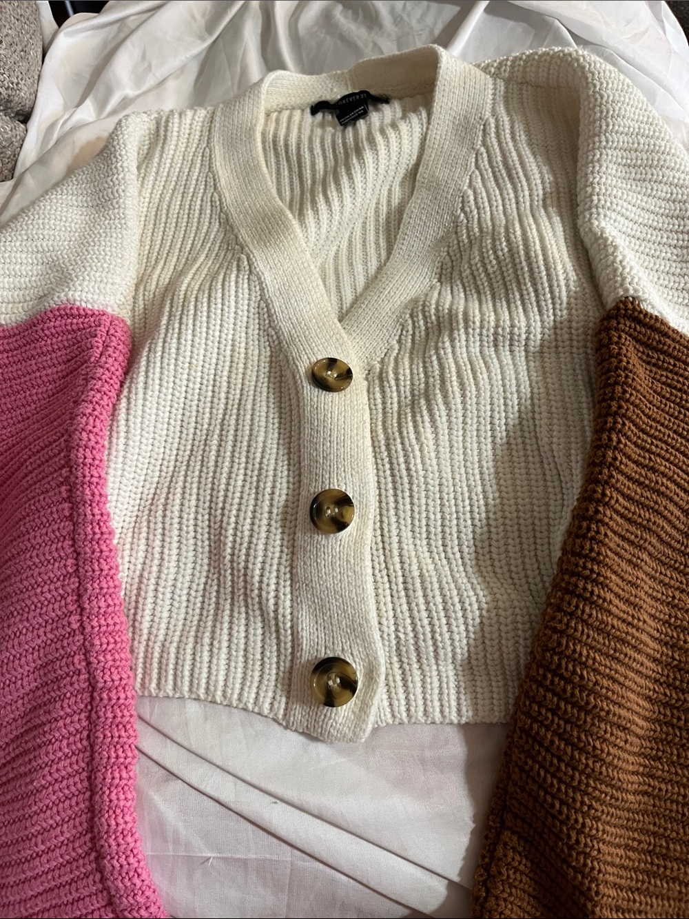 Forever 21 Cream V-Neck Colorblock Cardigan with Pink & Brown Sleeves